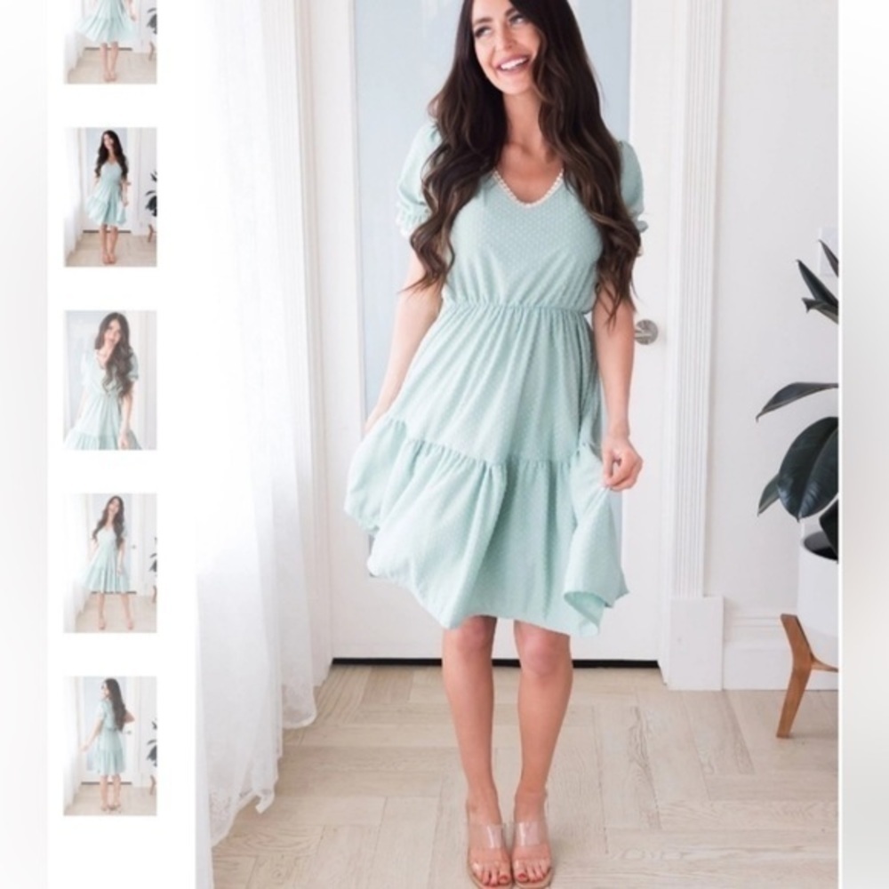Mint Blue Reborn J dress Women Size Large V Neck Pleated Flowy - Picture 13 of 13
